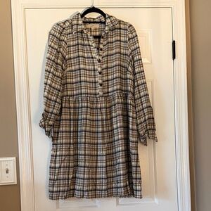 LOFT Plaid Long Sleeve Dress - Brown and Cream
